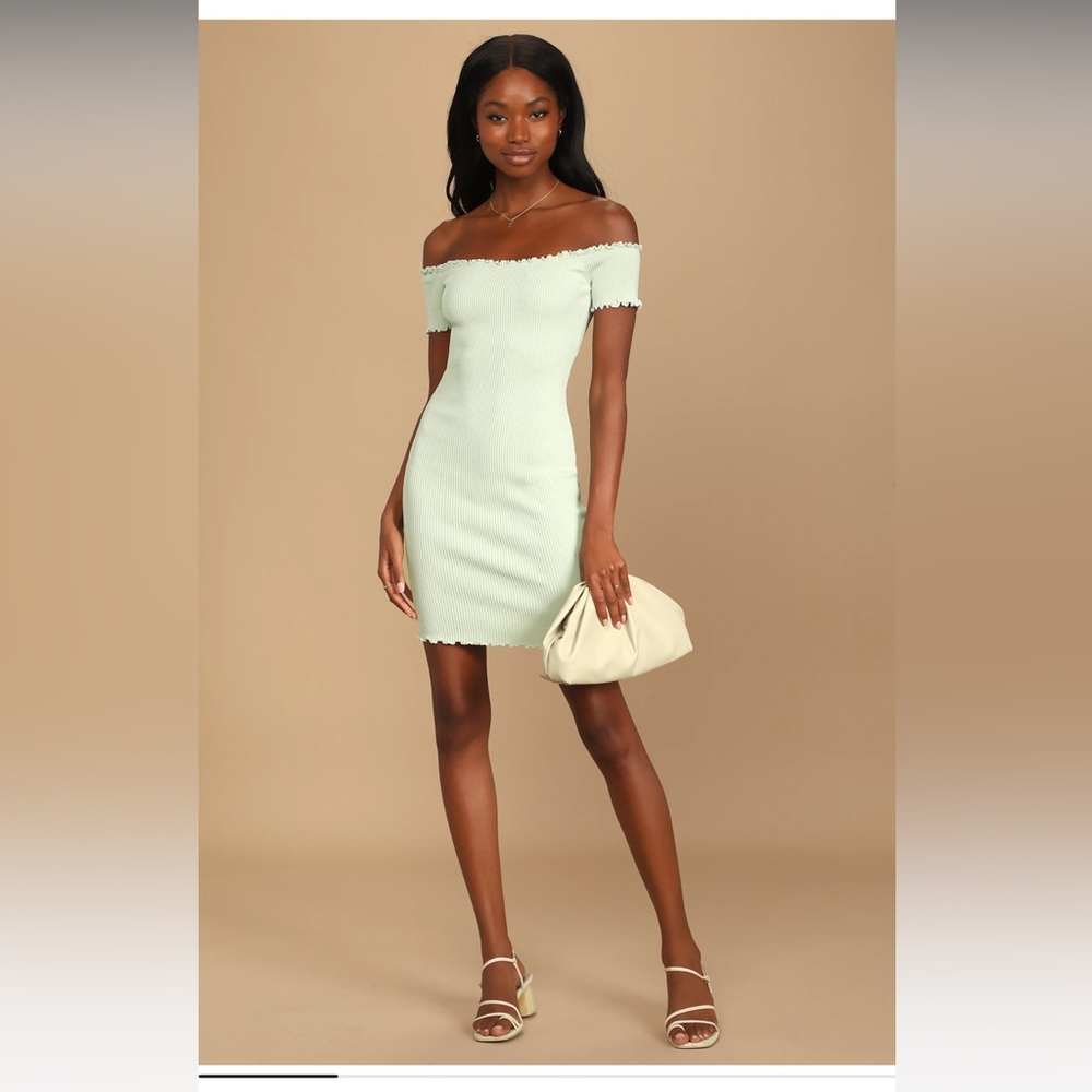 Lulu's Growing Boulder Mint Green Ribbed Off-the-shoulder Bodycon Dress